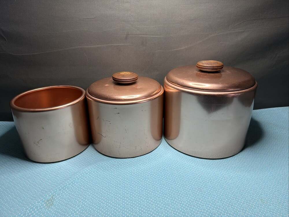 Mirro Canisters Aluminum Rose Gold Copper USA Wood Handles - Set Of 3 Vintage
